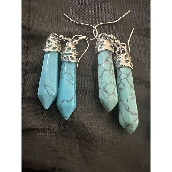 Lot Of 4 Natural Turquoise & Opalite Earrings Drop Silver Plated - Picture 2 of 3